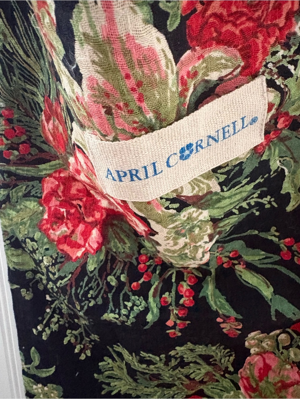 April Cornell Black Floral Tote with Red and Green Botanical Print